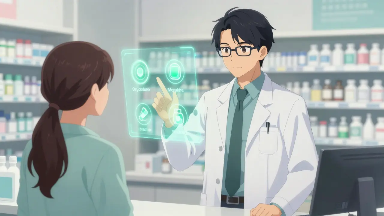 Doctor explaining alternative pain medications to a relieved patient in clinic.