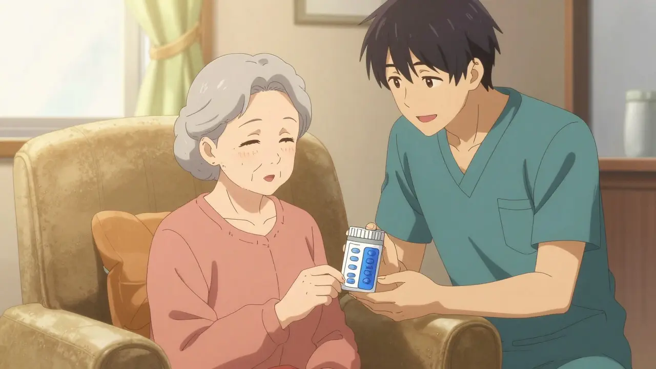 Elderly anime woman and caregiver with a pill dispenser
