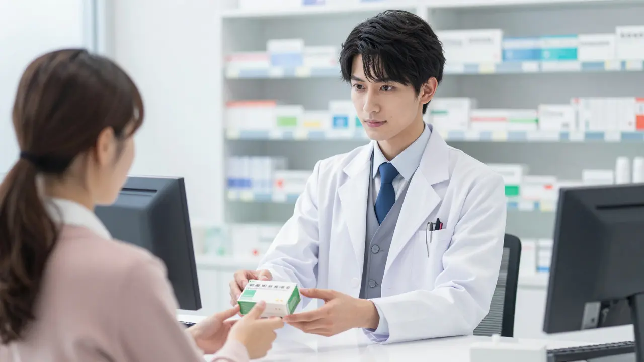 Handsome pharmacist handing over medication in a clean pharmacy