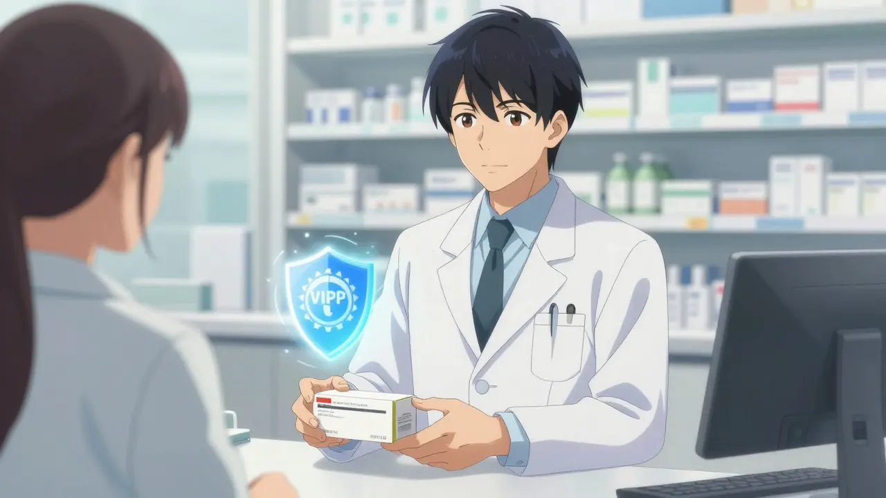 Pharmacist handing over safe generic medication