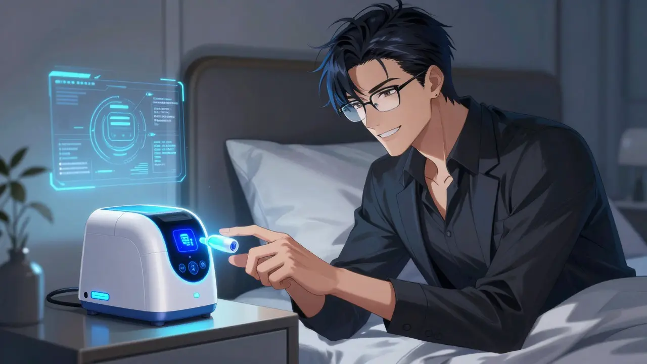 Stylish anime man using a glowing smart pill dispenser