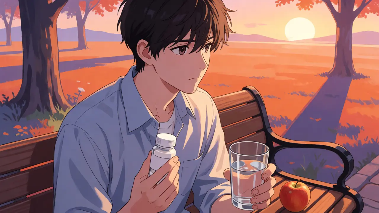 Anime character contemplating medication and diet on a sunset park bench.