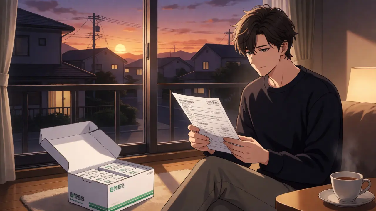 Relaxed anime character receiving online medication delivery at home.
