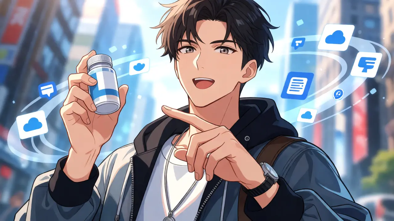Stylish anime man explaining online pharmacy options with digital icons.