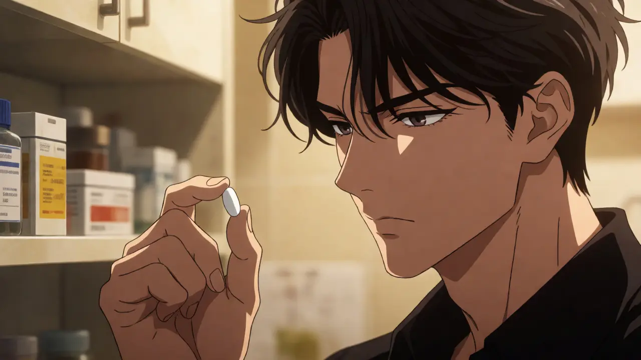 Stylish character closely examining a single pill