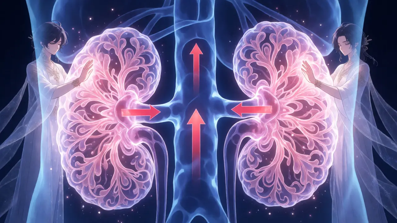 Stylized anime visualization of kidney protection with guardian figures.