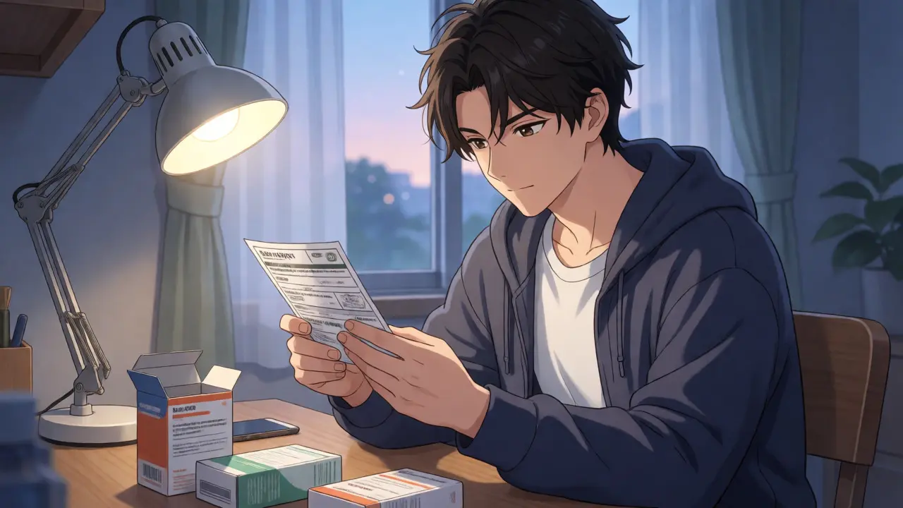 Young man carefully reading a medication label